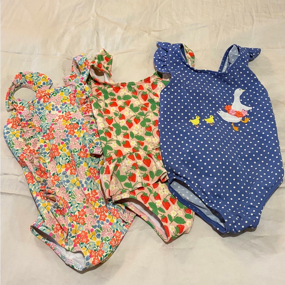 Mini Boden Kids Swim One Piece Set - Floral, Strawberry, and Polka Dot Designs